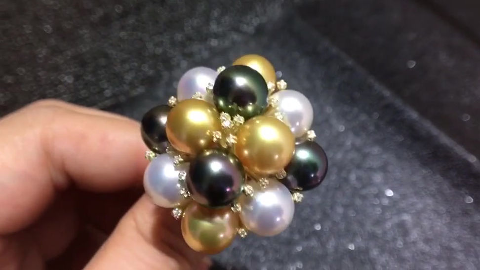9-10mm Multicolor South Sea and Tahitian Pearl Ring 18k Gold - AAAA